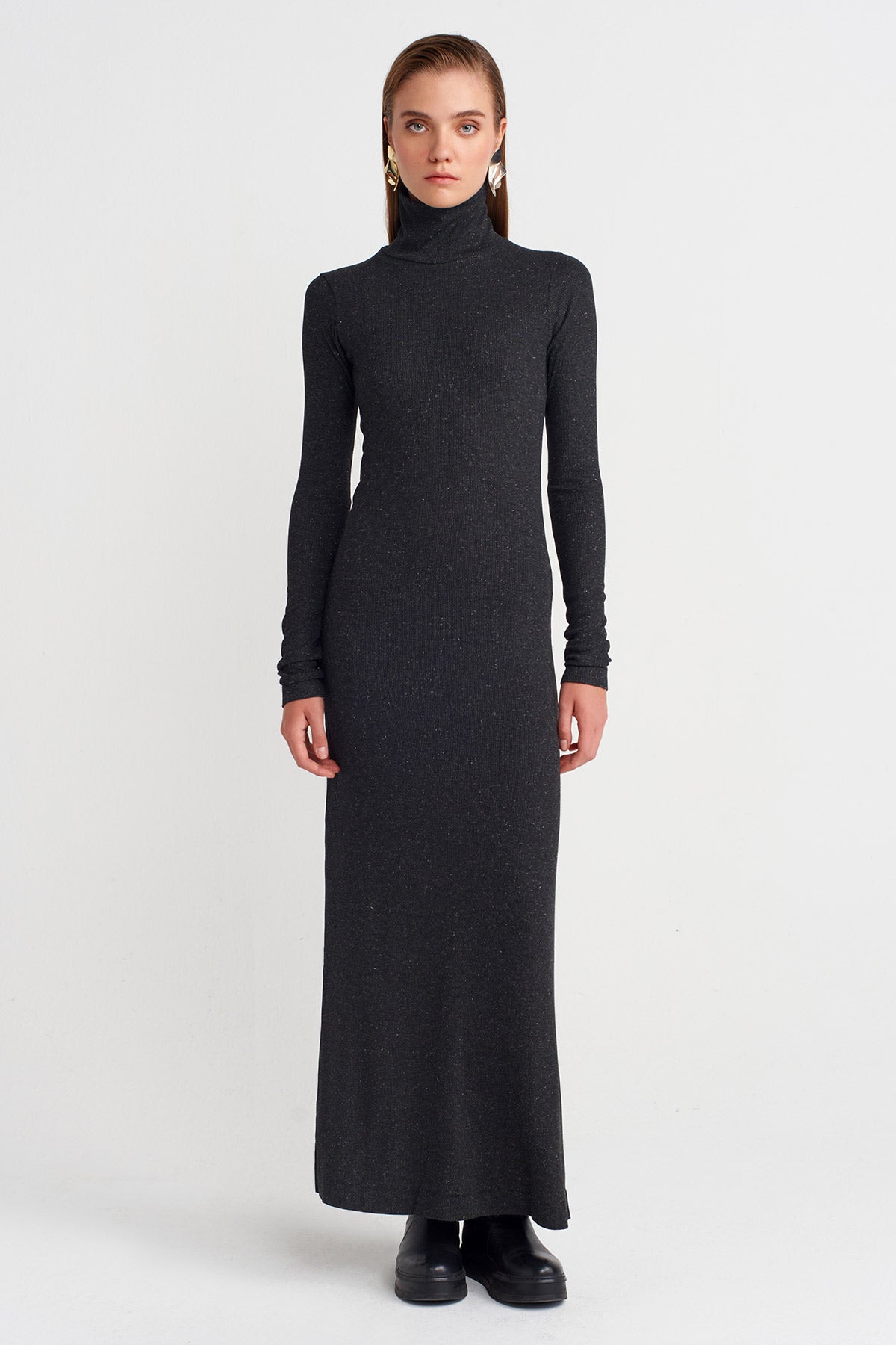 Antrasit Melanj Silver Ribbed Long Dress -K254014071