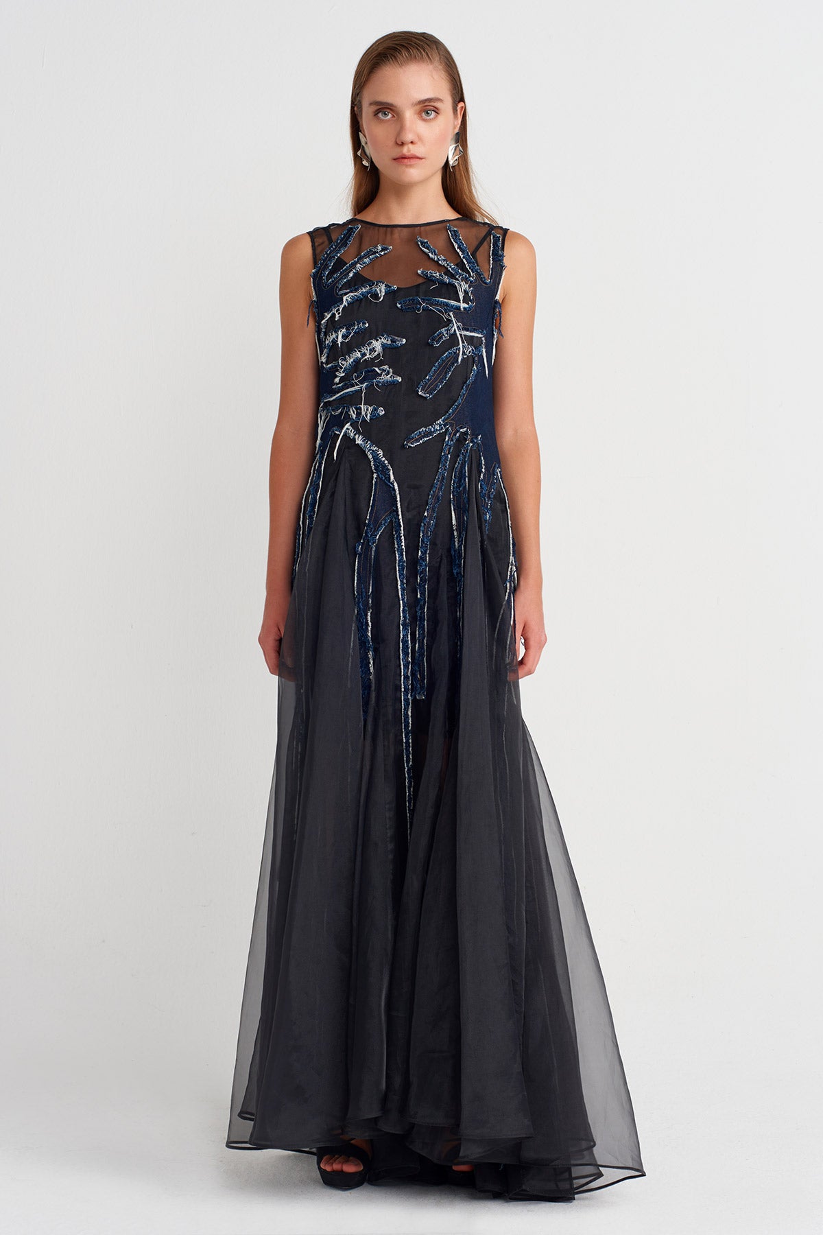 Black Silk Chiffon Dress with Denim Details -K254014075