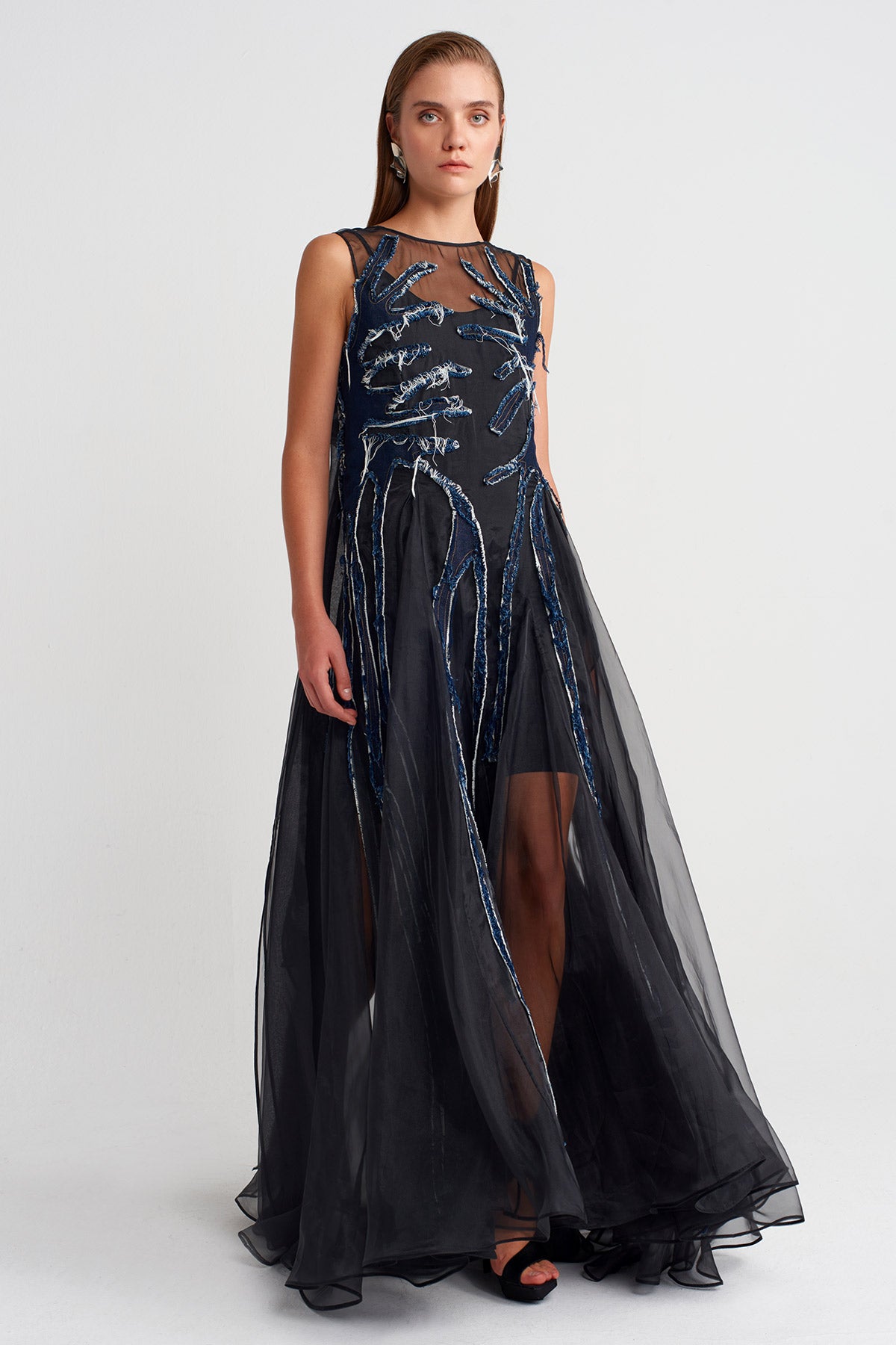 Black Silk Chiffon Dress with Denim Details -K254014075