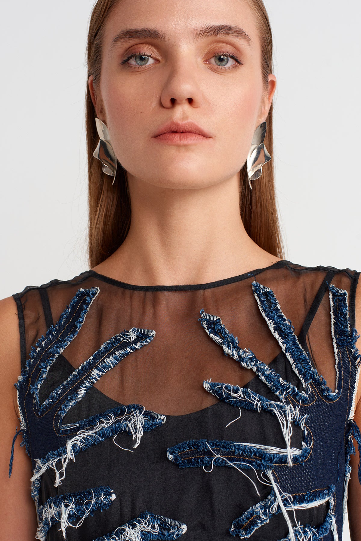 Black Silk Chiffon Dress with Denim Details -K254014075