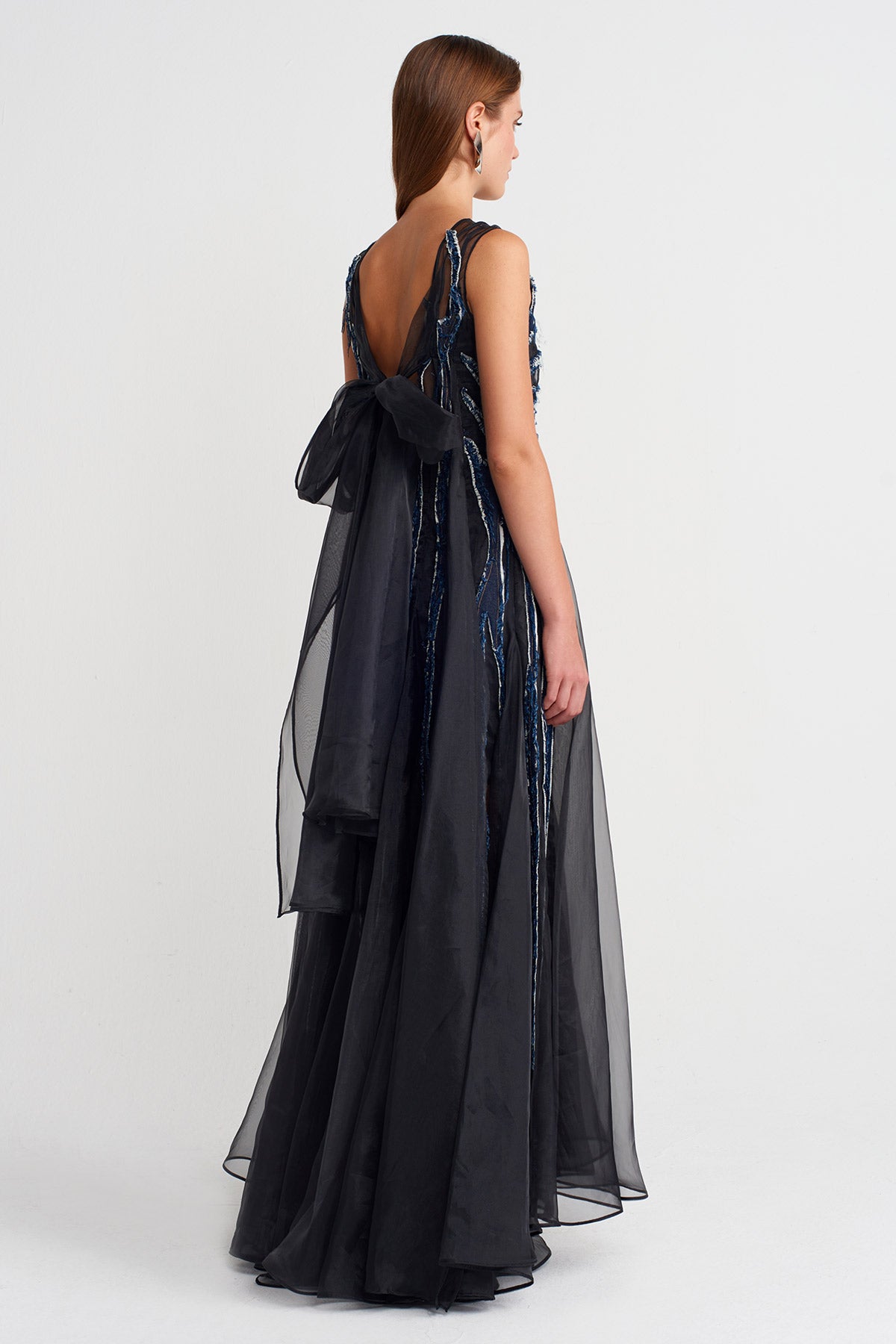 Black Silk Chiffon Dress with Denim Details -K254014075