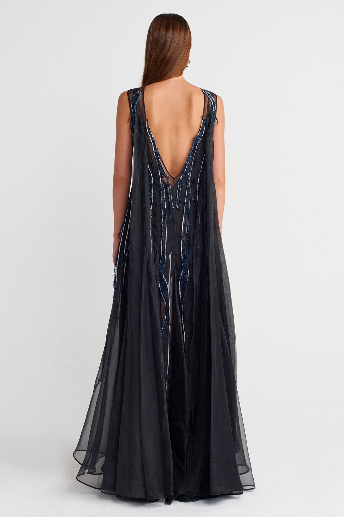Black Silk Chiffon Dress with Denim Details -K254014075