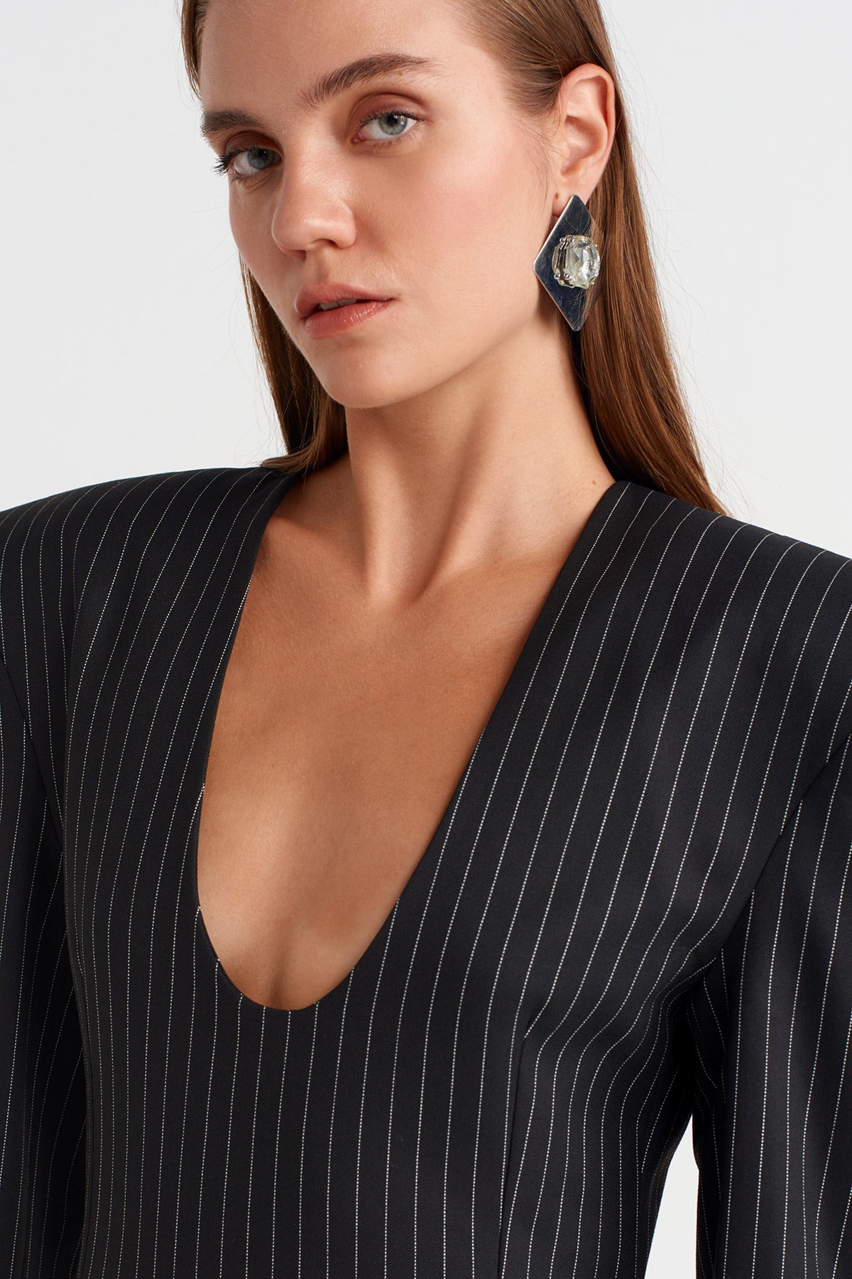 Black Shoulder-Padded Striped Maxi Dress-K254014077