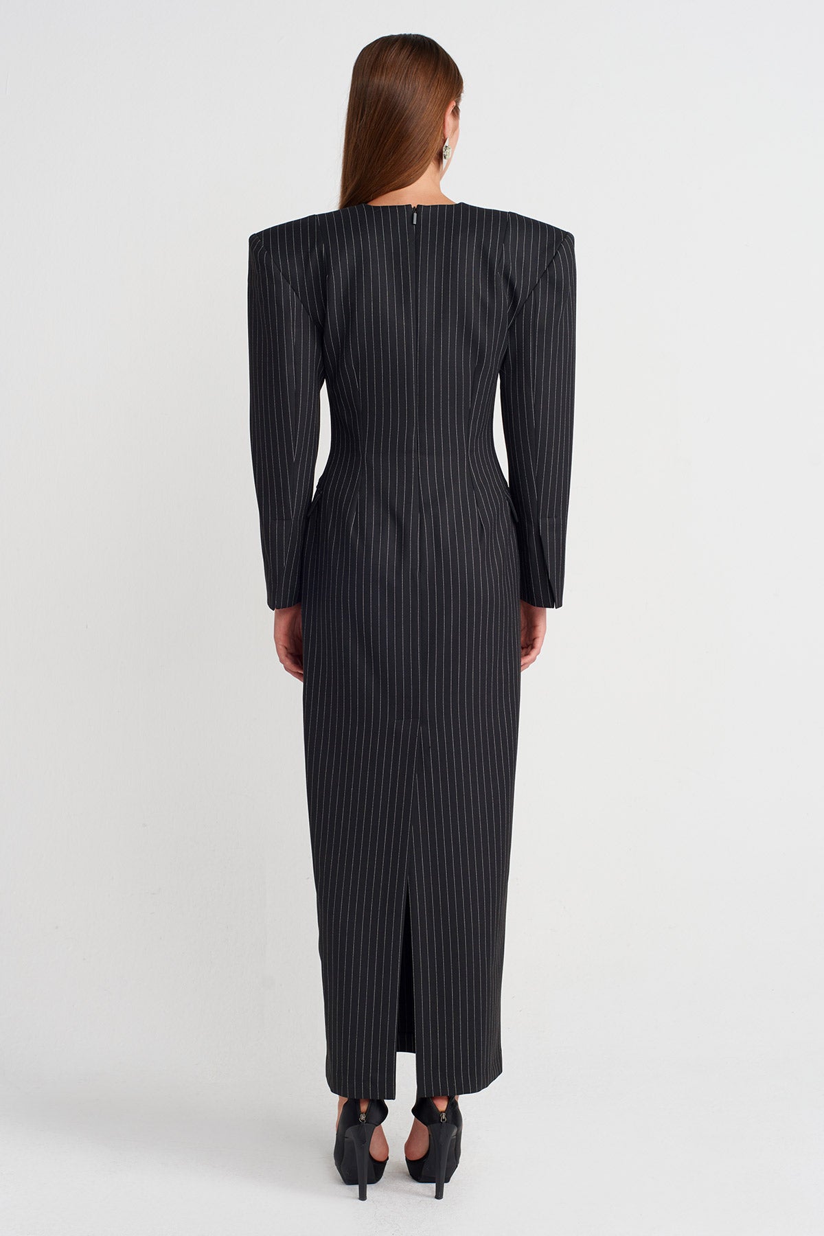 Black Shoulder-Padded Striped Maxi Dress-K254014077