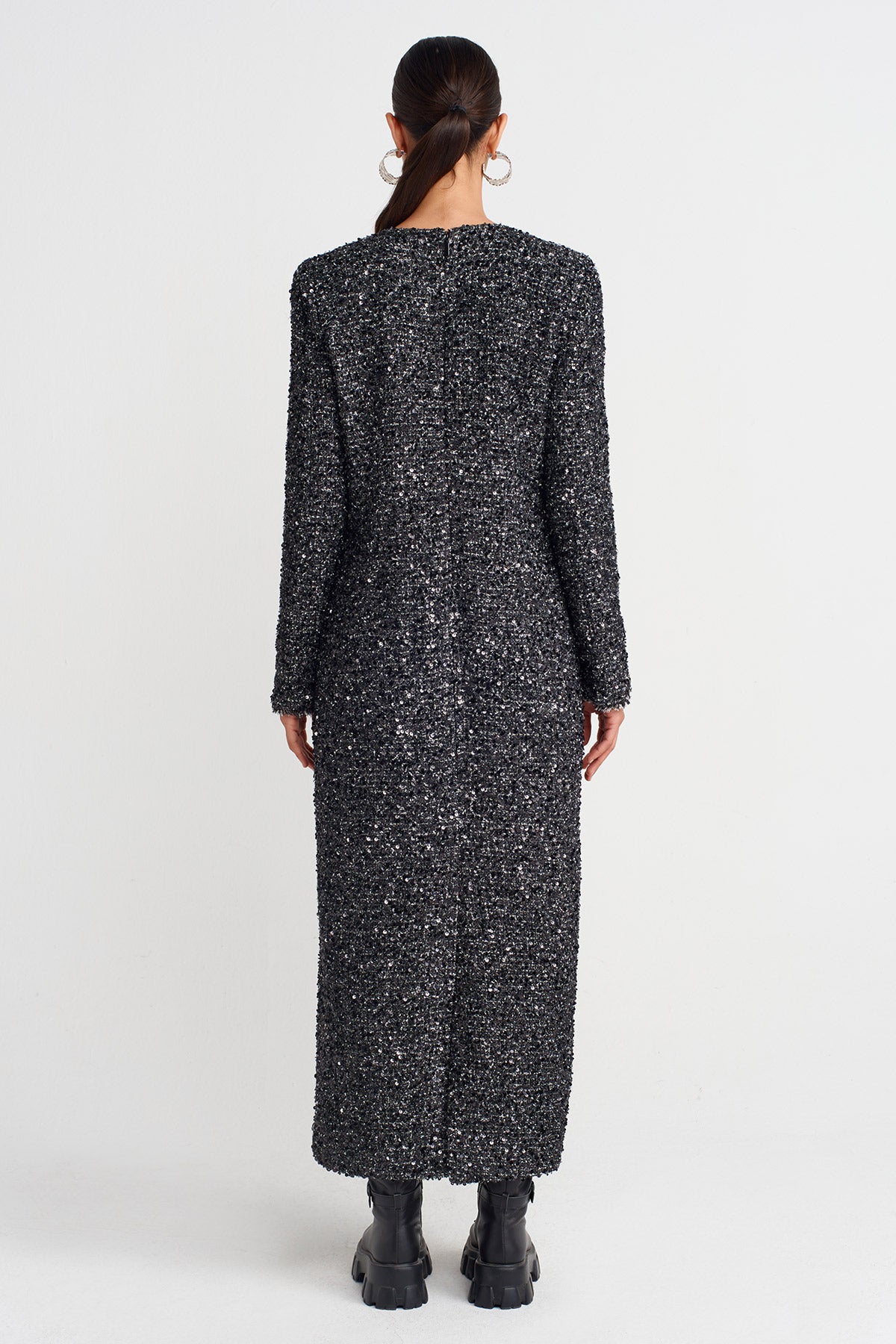 Black/ Off Whıte Shimmery Maxi Dress-K254014078