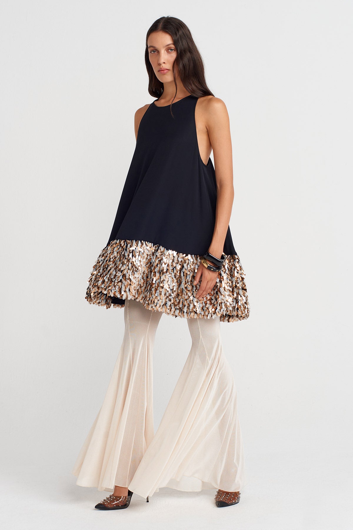 Black Sequined Hem Halter Neck Mini Dress-K254014087