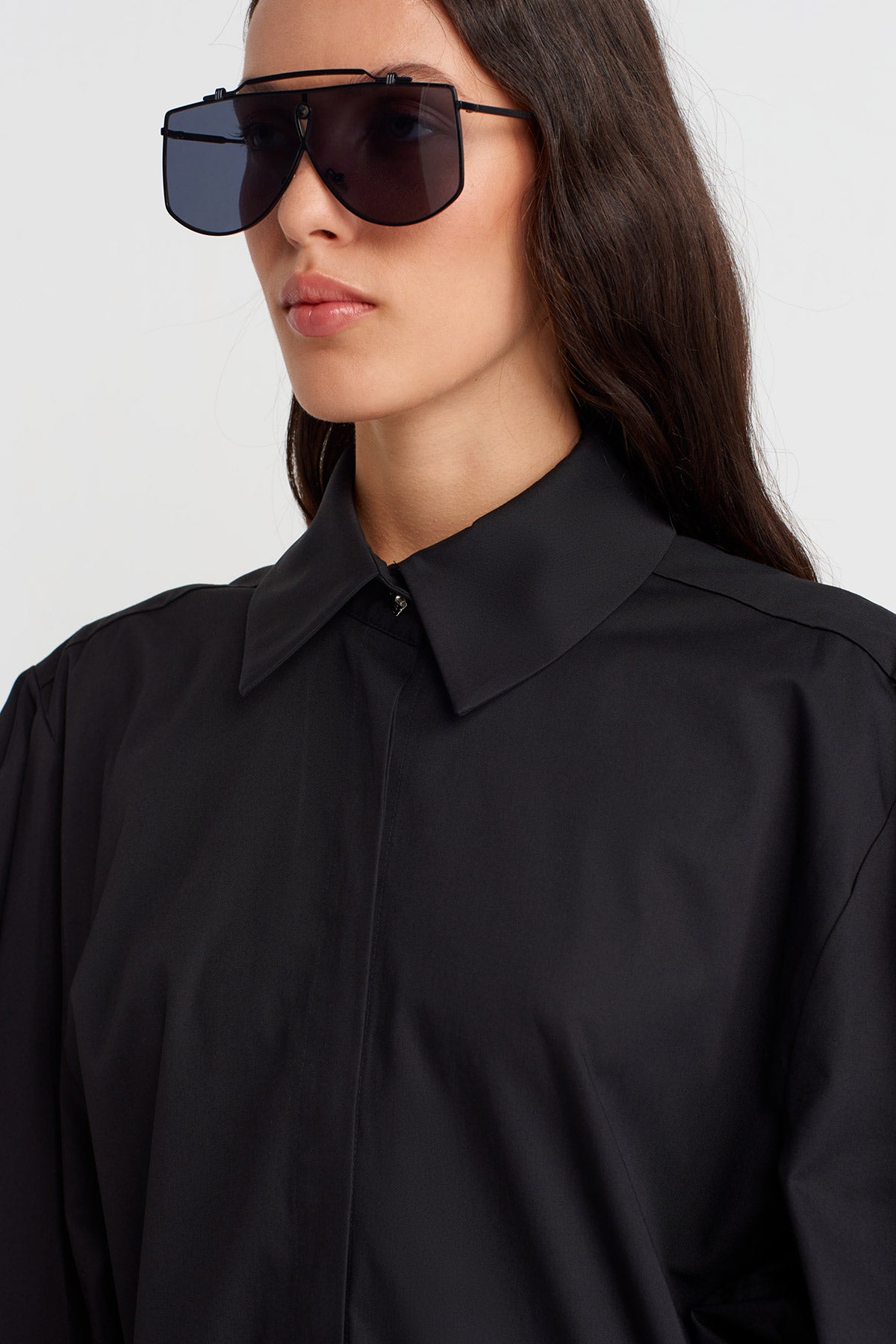 Black Asymmetric Flared Hem Shirt Dress-K254014089