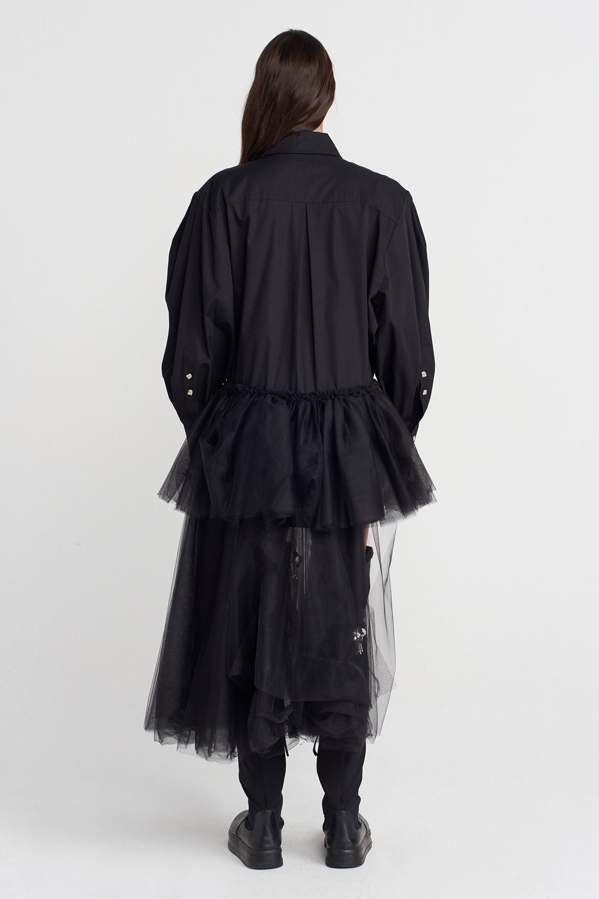 Black Asymmetric Flared Hem Shirt Dress-K254014089