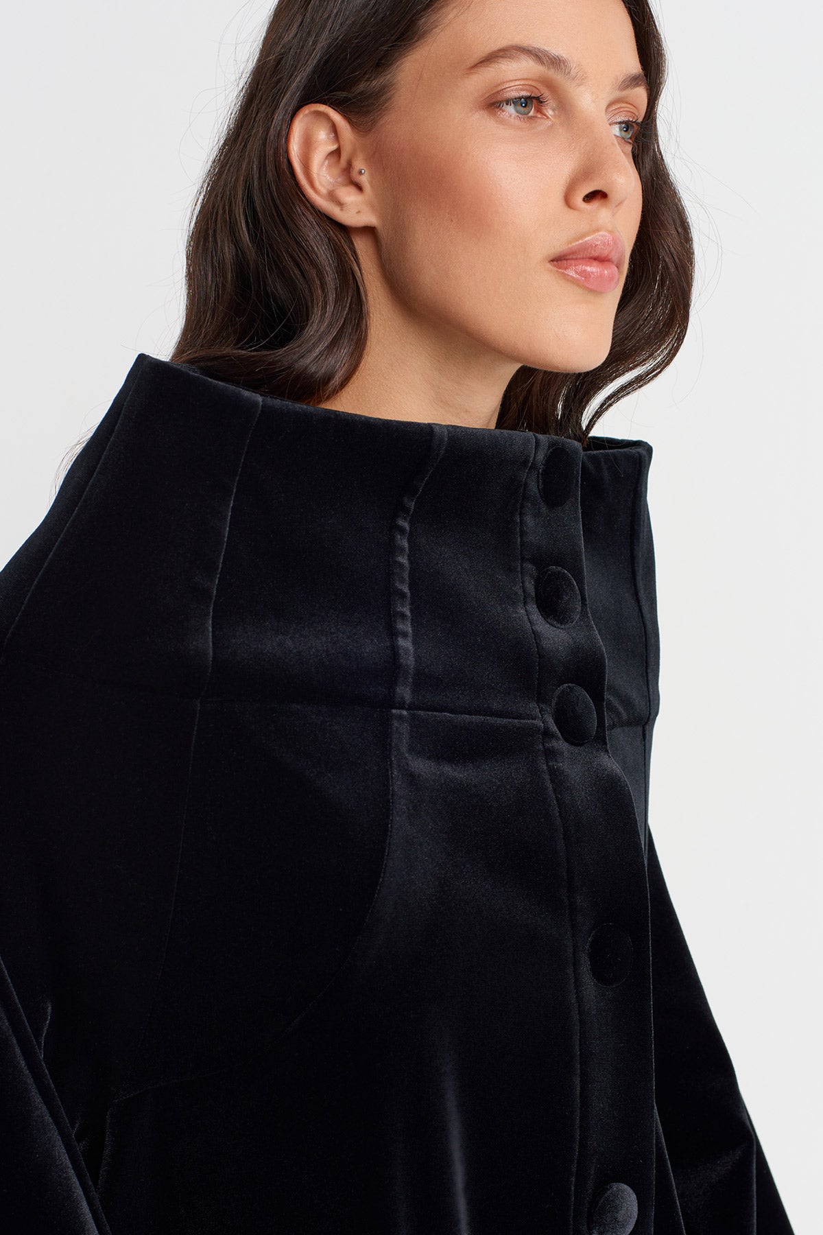Black Velvet Flared Dress with Wide Stand Collar-K254014090