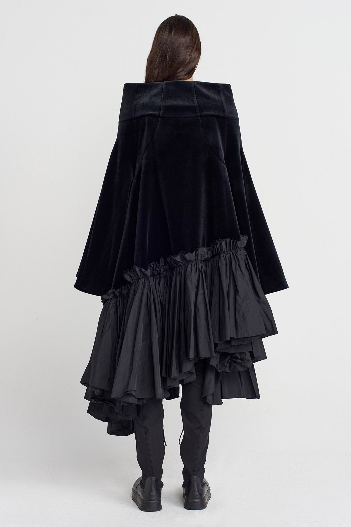 Black Velvet Flared Dress with Wide Stand Collar-K254014090