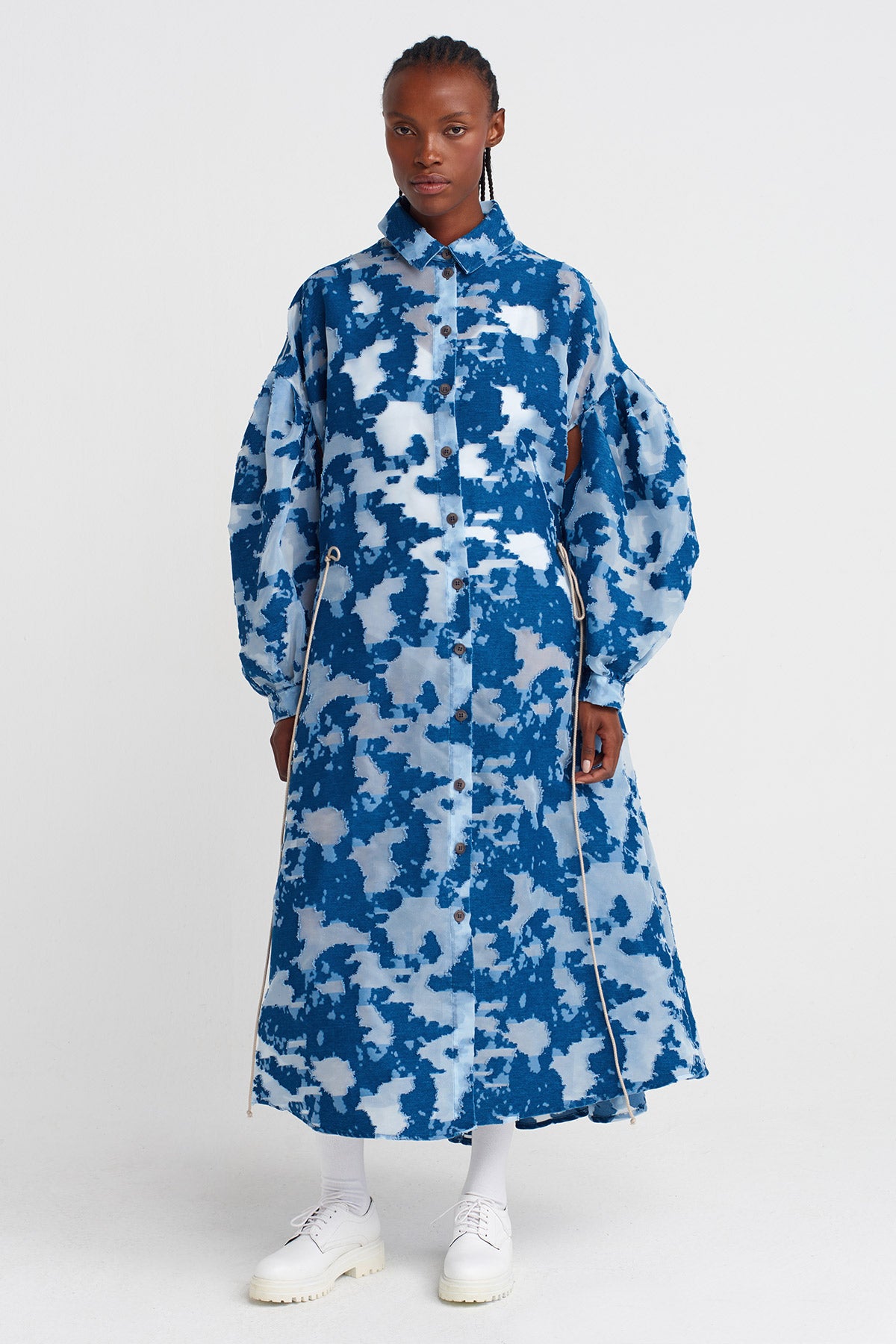Indigo Jacquard Patterned Sheer Shirt Dress-K254014092