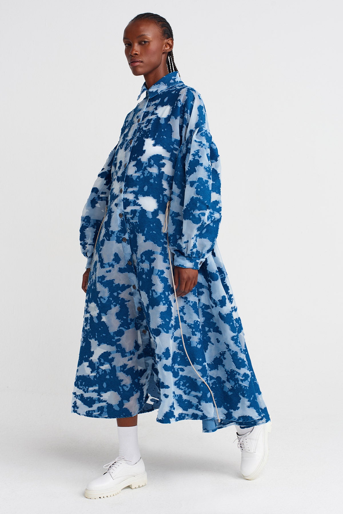 Indigo Jacquard Patterned Sheer Shirt Dress-K254014092