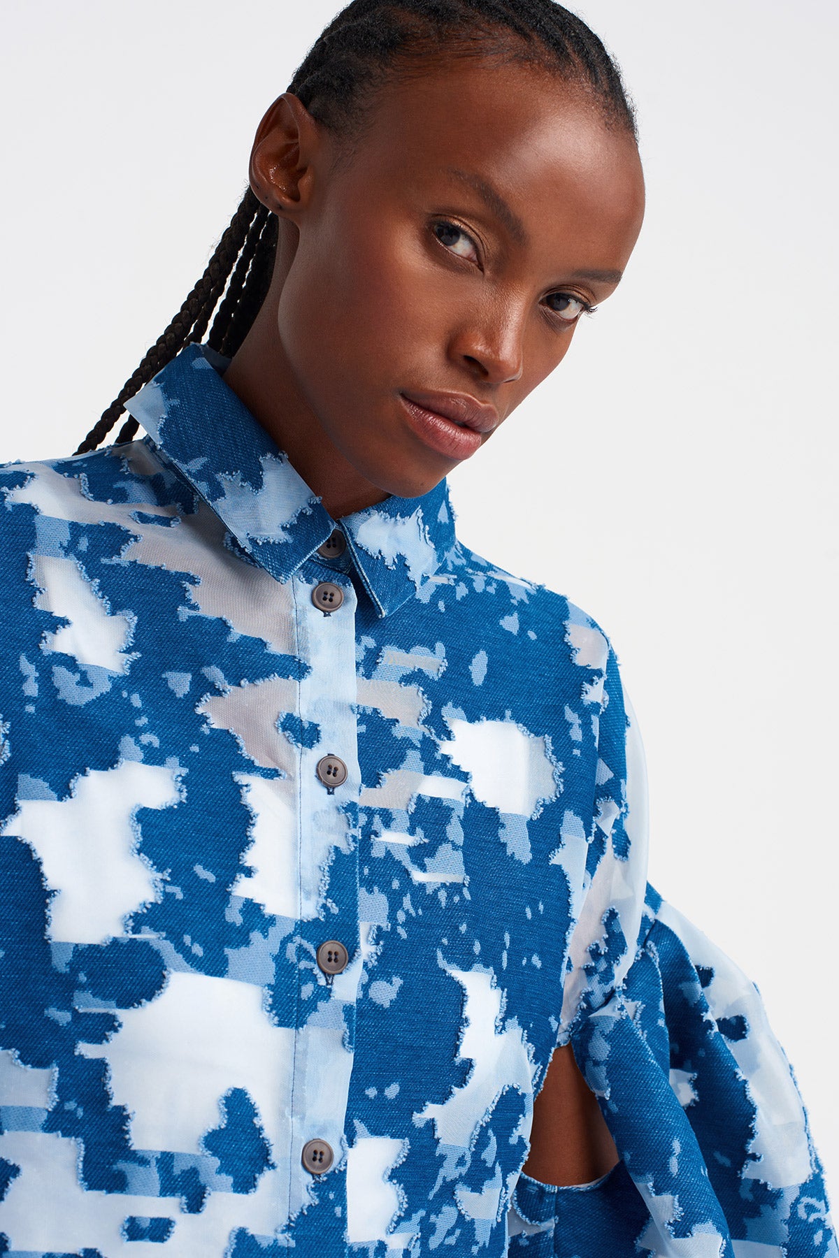 Indigo Jacquard Patterned Sheer Shirt Dress-K254014092