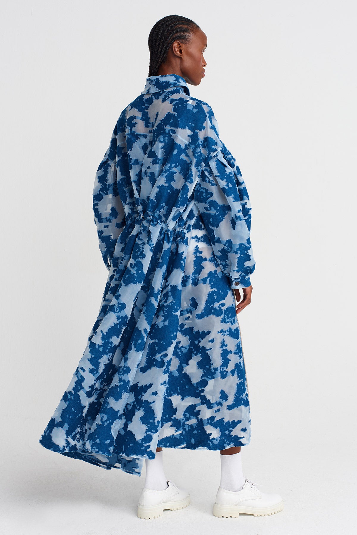 Indigo Jacquard Patterned Sheer Shirt Dress-K254014092