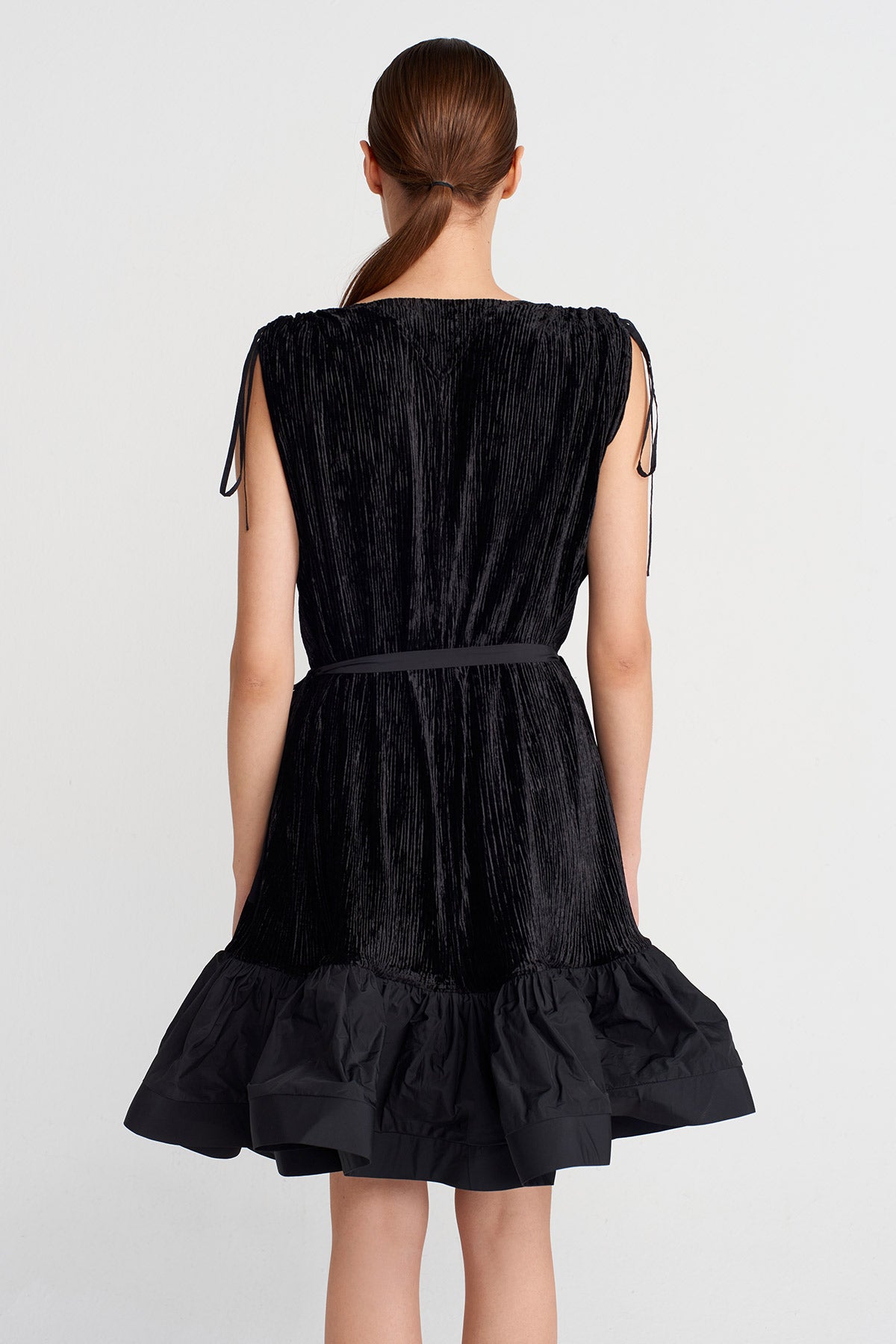Black Pleated Velvet Mini Dress with Taffeta Hem-K254014093