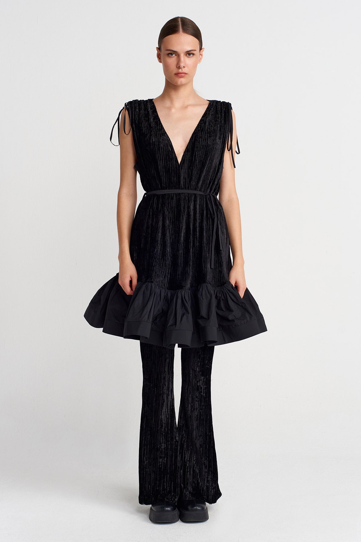 Black Pleated Velvet Mini Dress with Taffeta Hem-K254014093