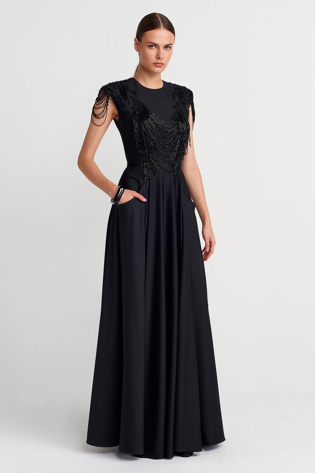 Black Embellished Draped Maxi Dress-K254014094