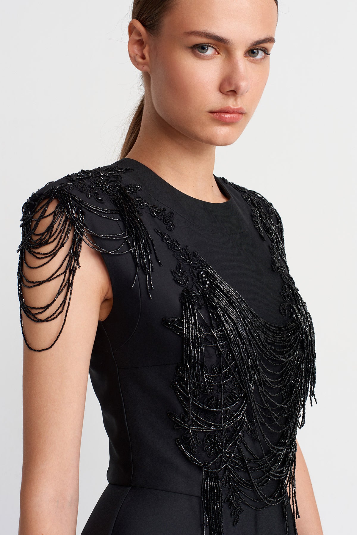 Black Embellished Draped Maxi Dress-K254014094