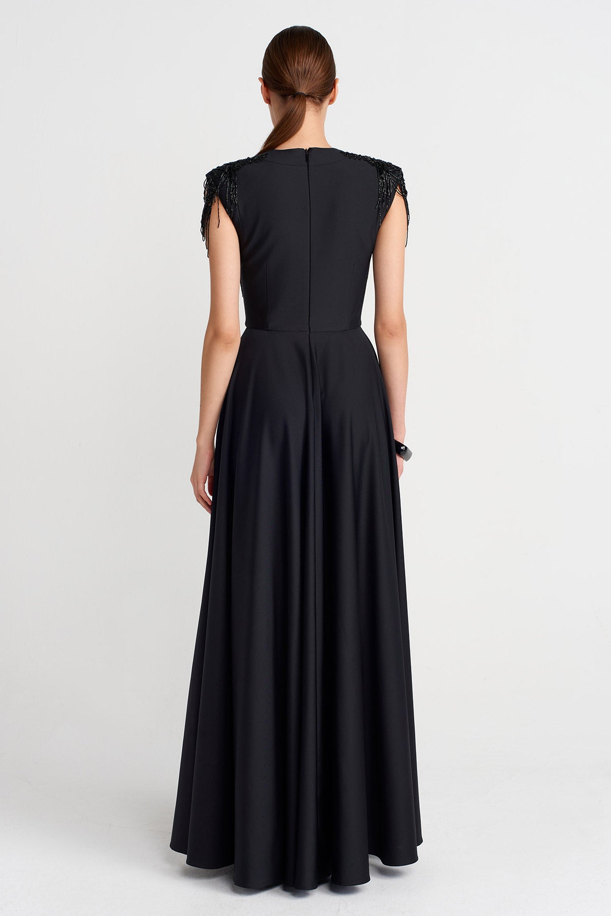 Black Embellished Draped Maxi Dress-K254014094