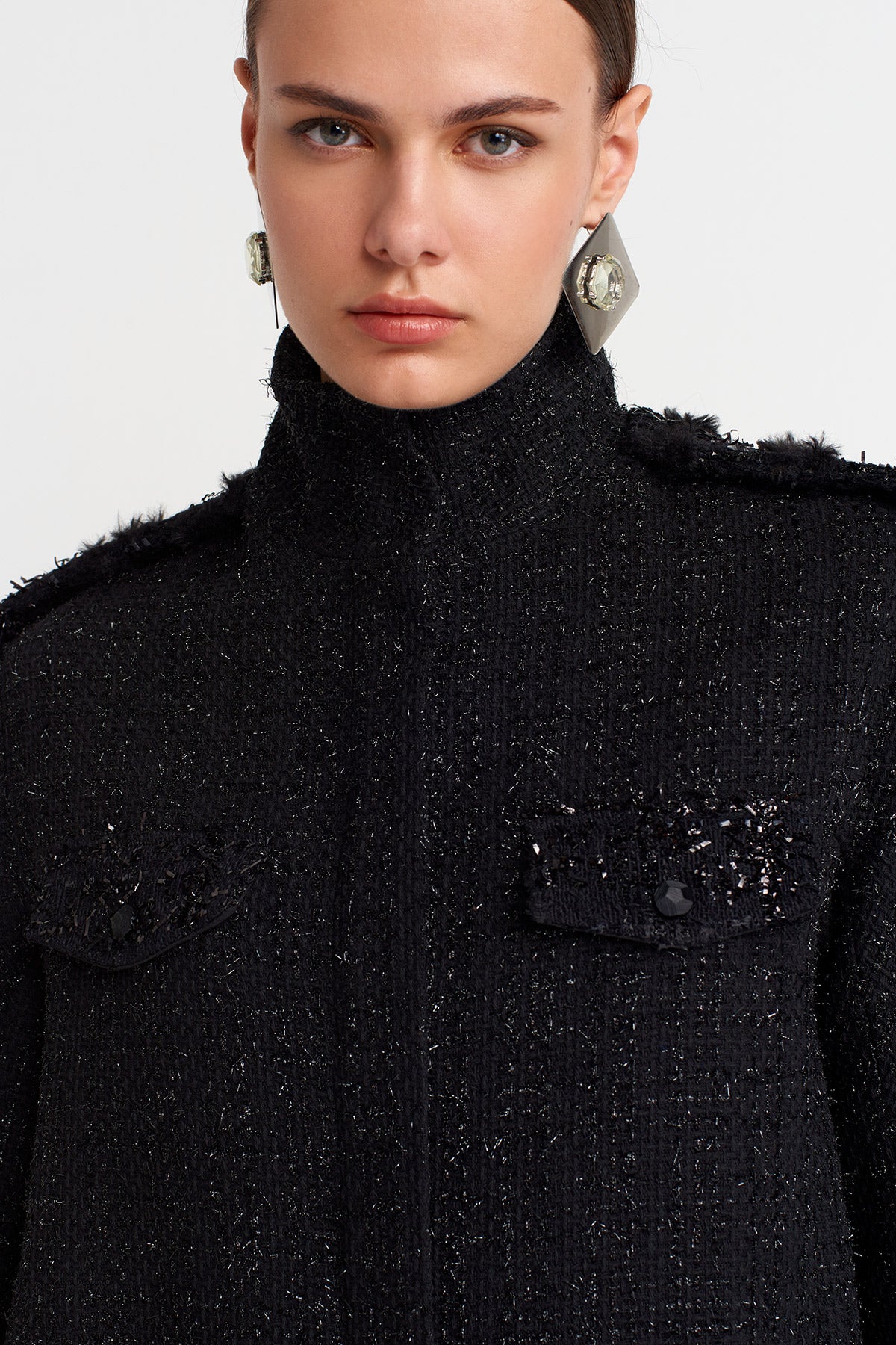 Black Military Detailed Tweed Dress-K254014096