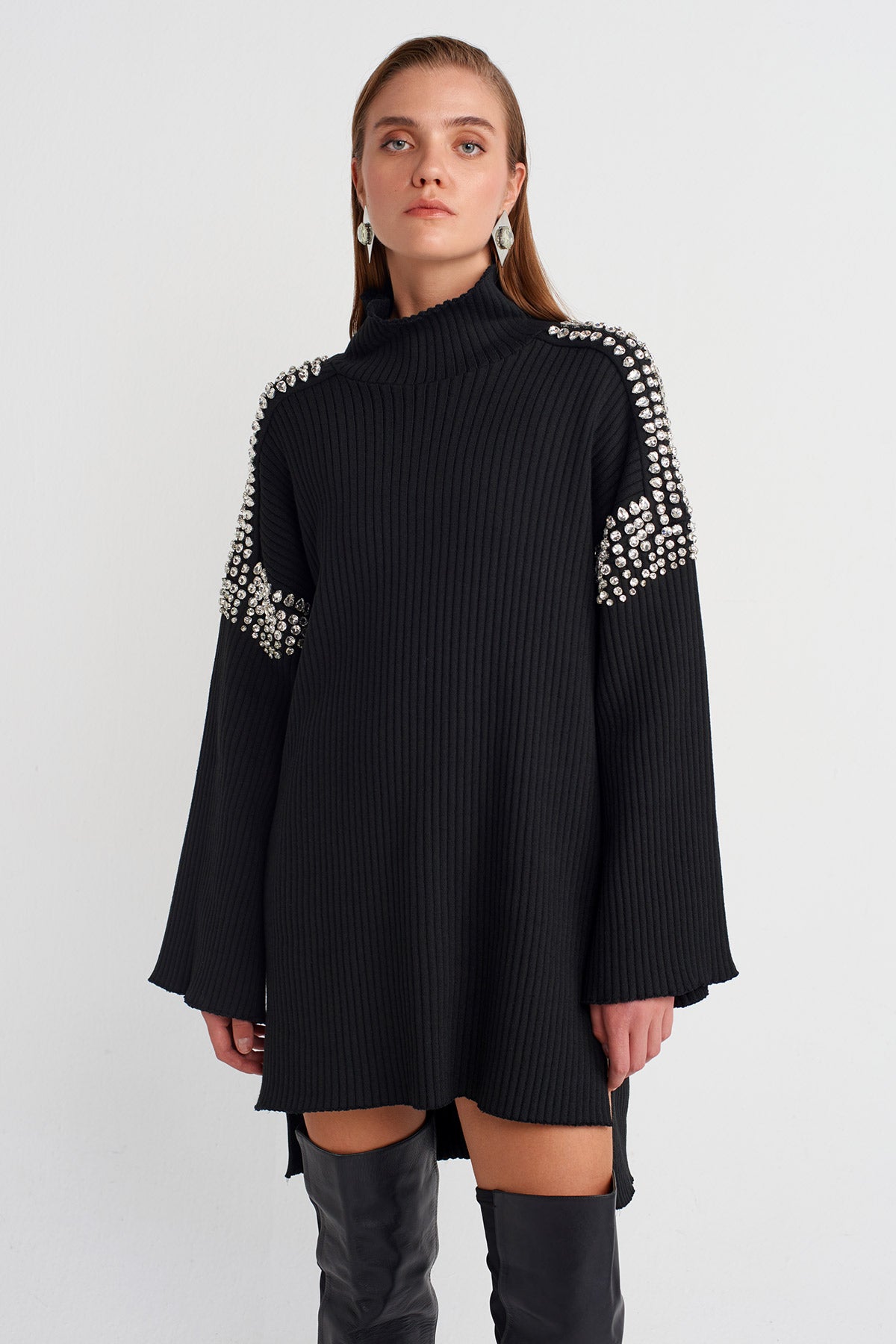 Black Embellished Knit Mini Dress with Shoulder and Sleeve Stone Details-K254014101