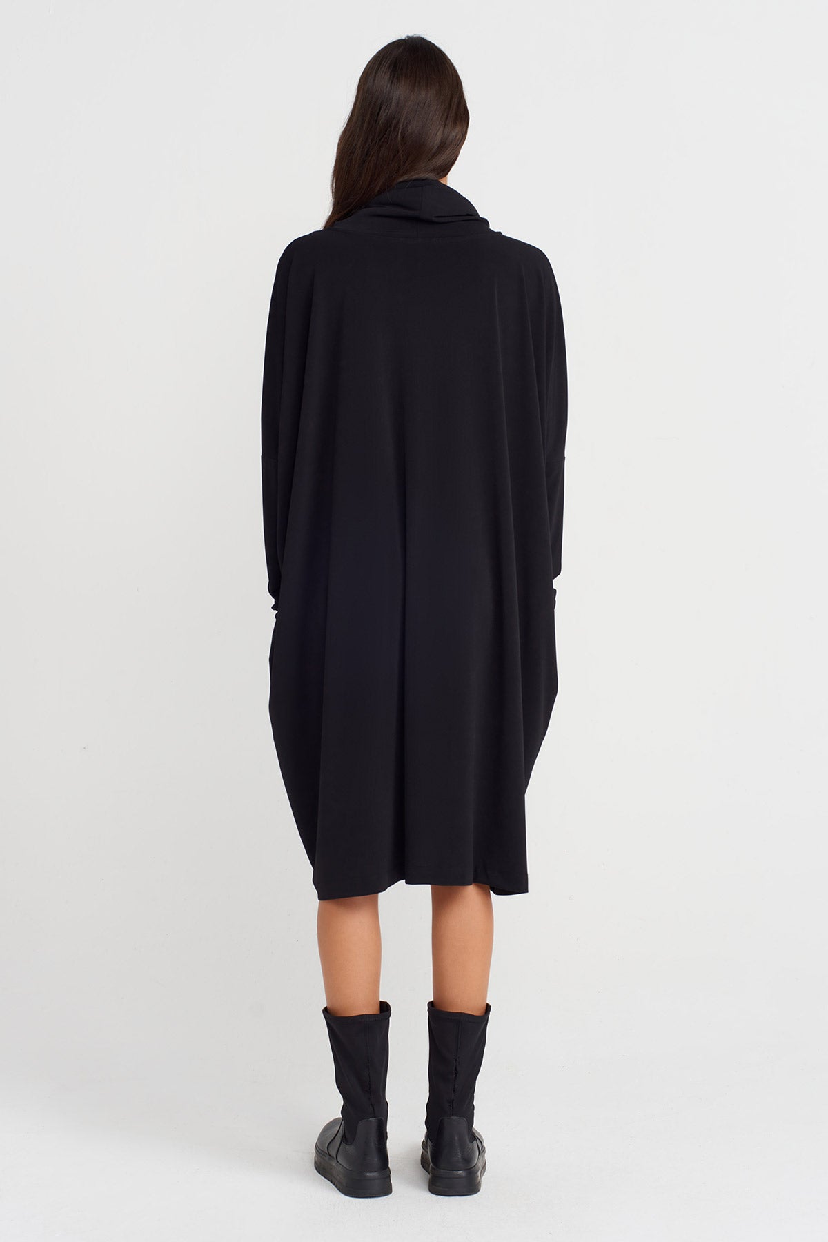 Black Oversized Jersey Dress with Draped Neckline-K254014105