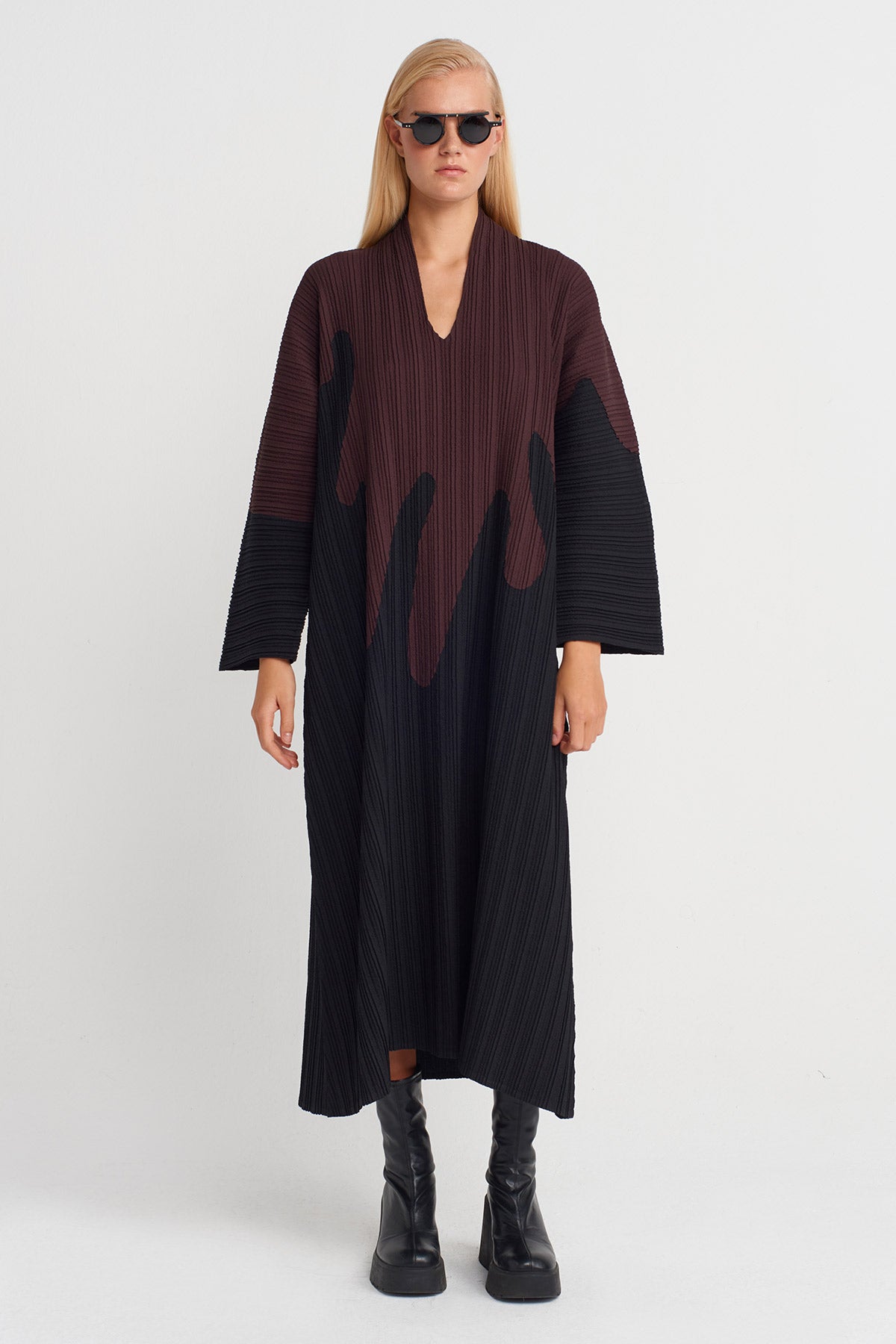 Multicolor Patterned Pleated Long Dress-K254014107