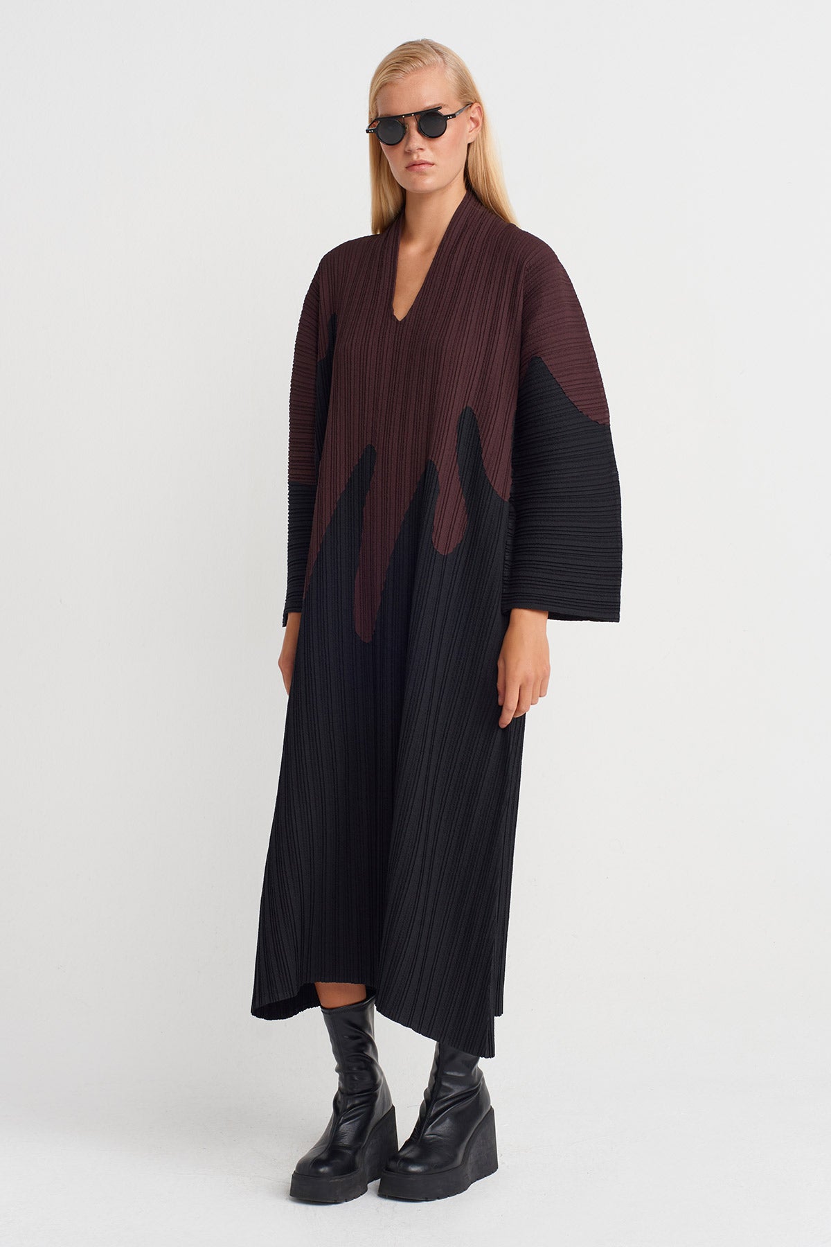 Multicolor Patterned Pleated Long Dress-K254014107