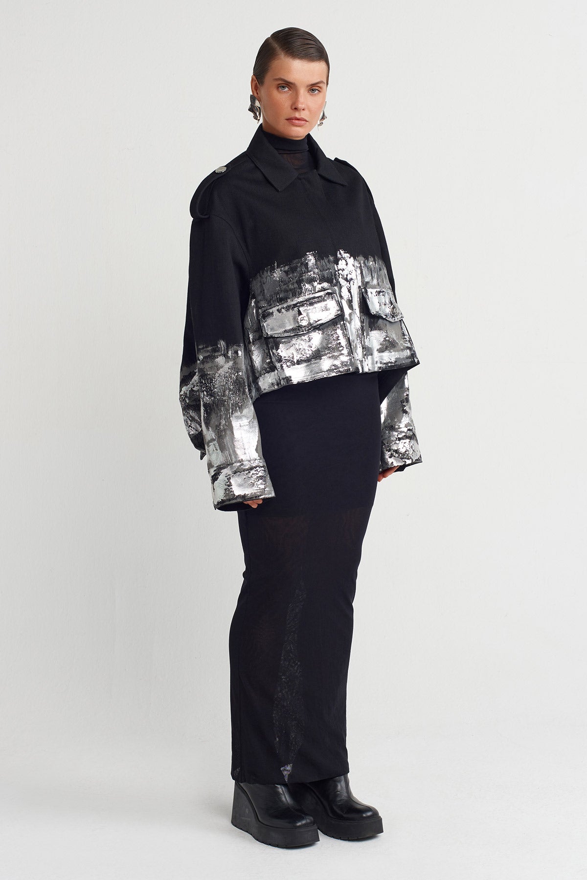 Black Printed Denim Jacket-K255015008