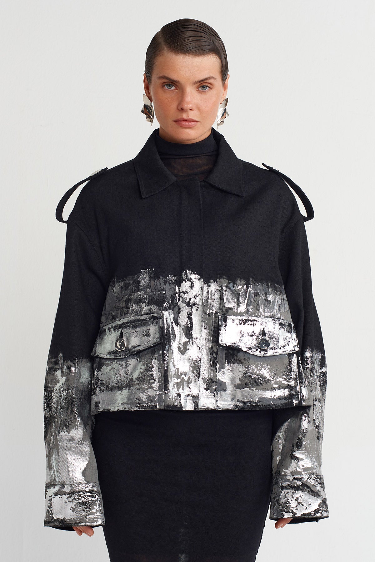 Black Printed Denim Jacket-K255015008