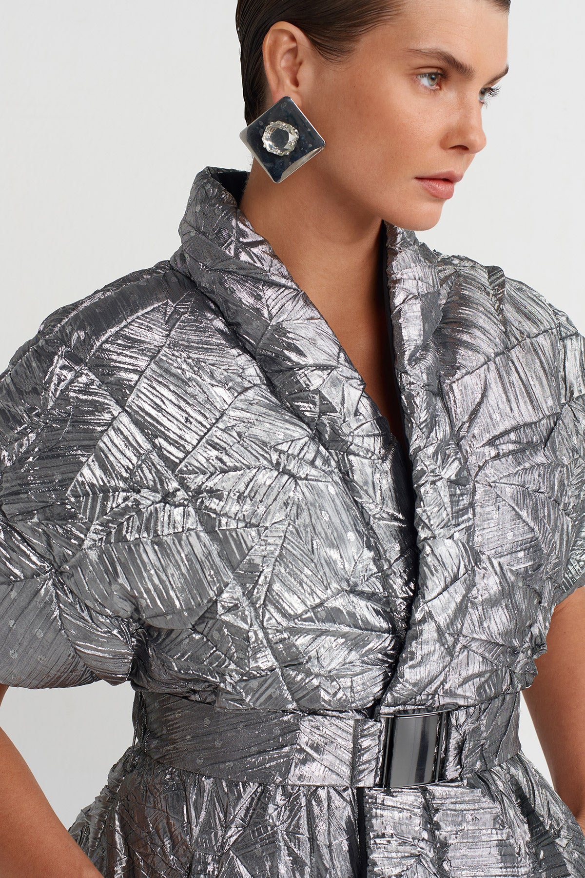 Silver Padded Pleated Kimono Vest-K255015009