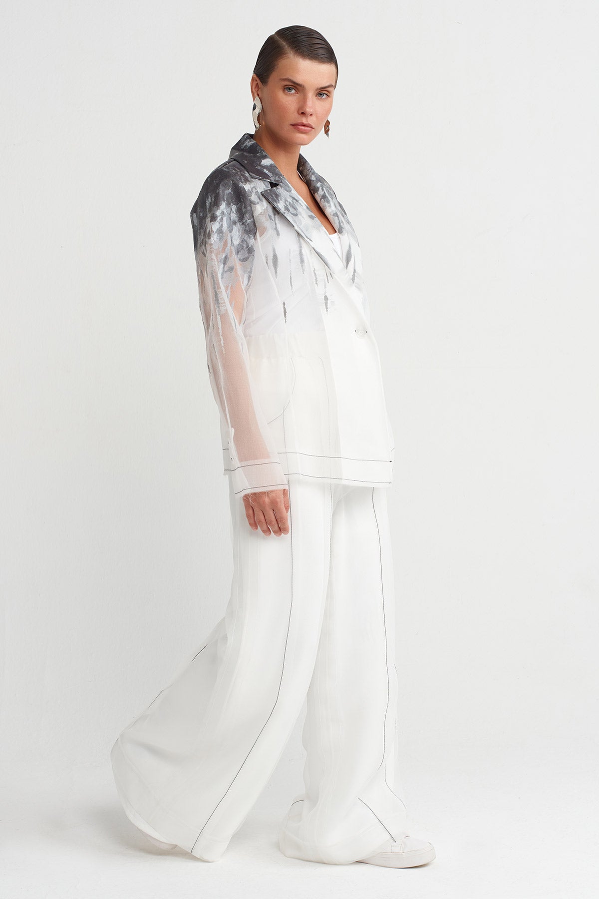 Off White Printed Organza Blazer Jacket-K255015010