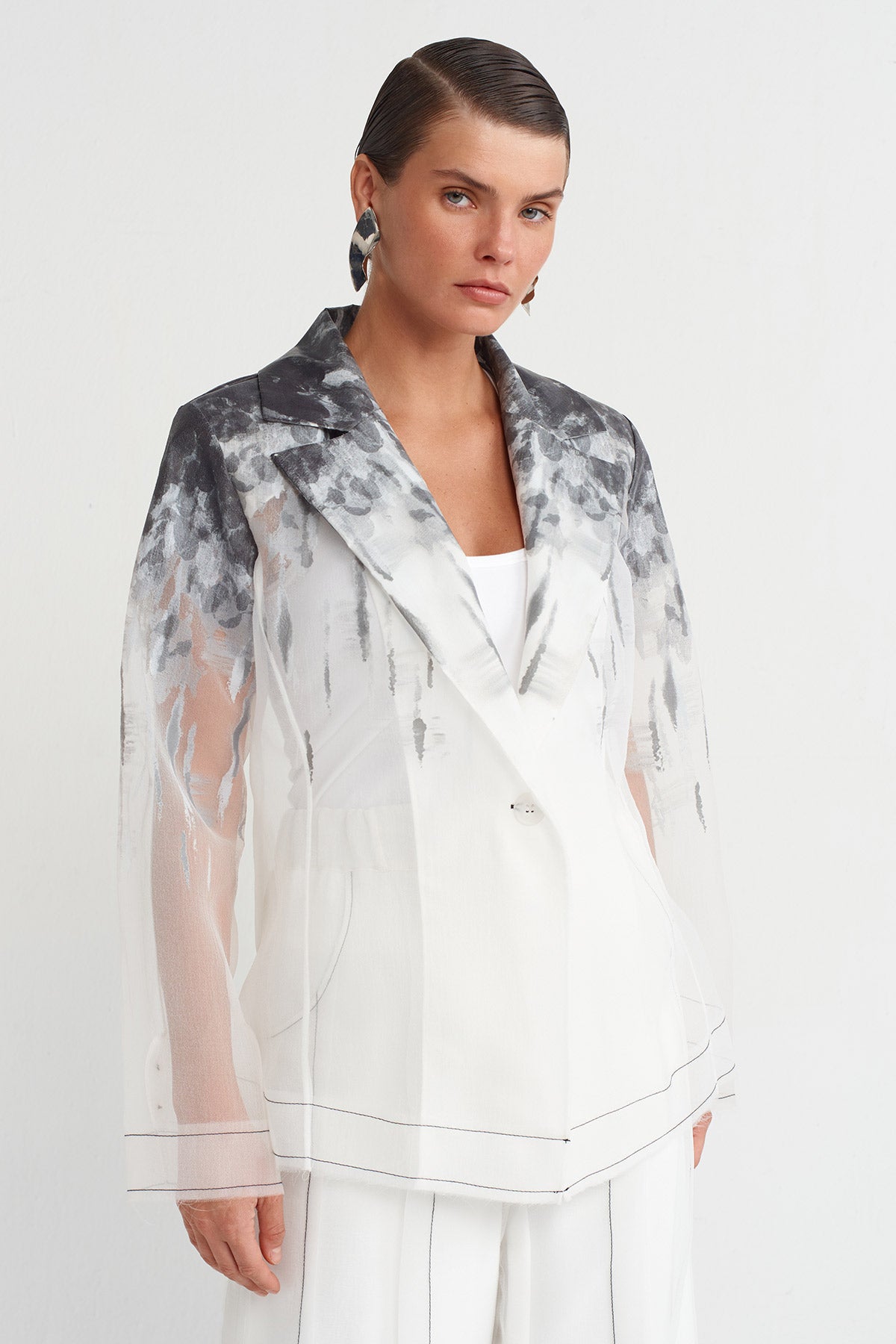 Off White Printed Organza Blazer Jacket-K255015010