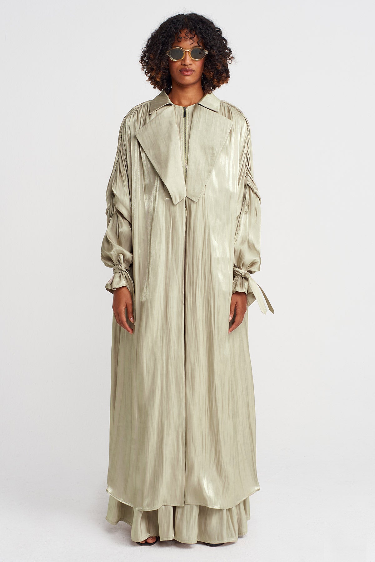 Sand Shiny Long Loose Trench Coat-K255015014