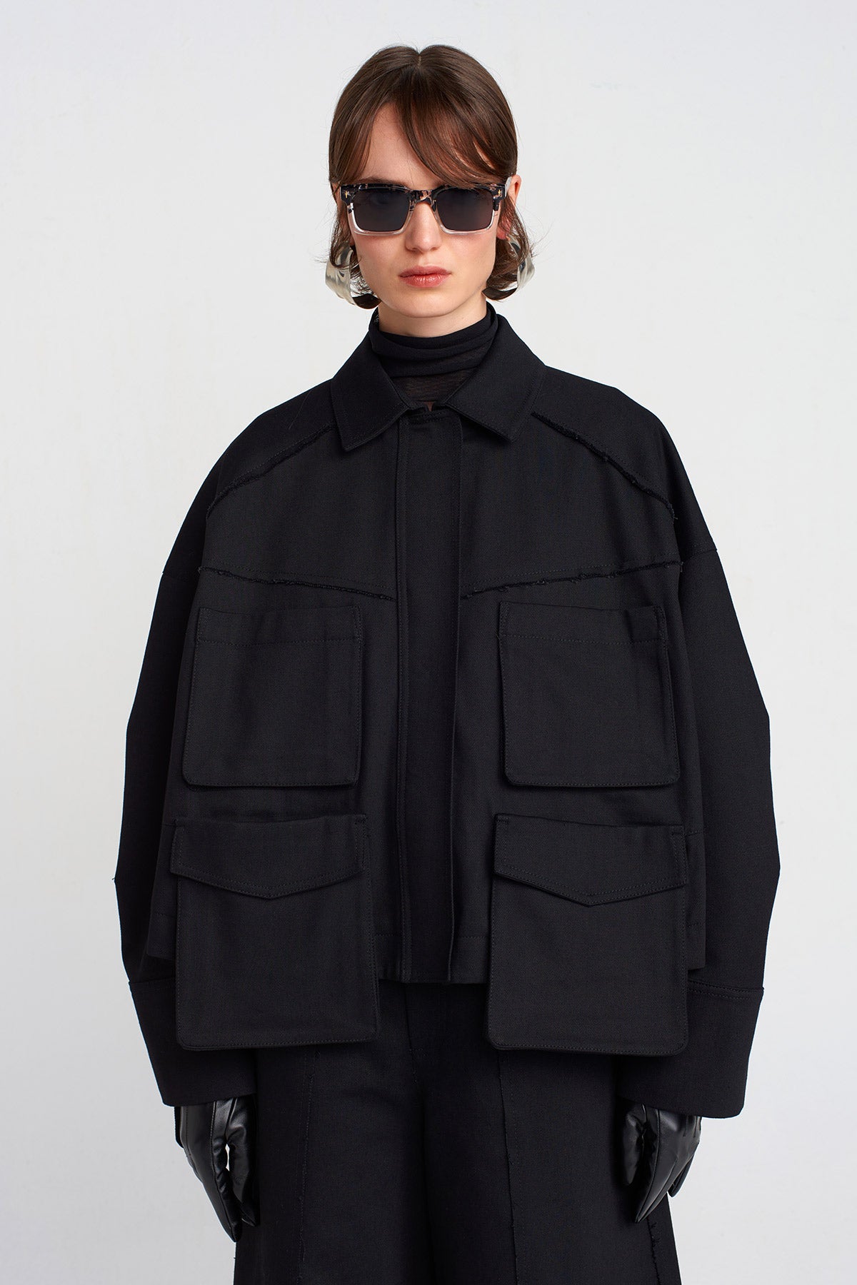 Black Oversized Denim Jacket with Large Pockets-K255015025