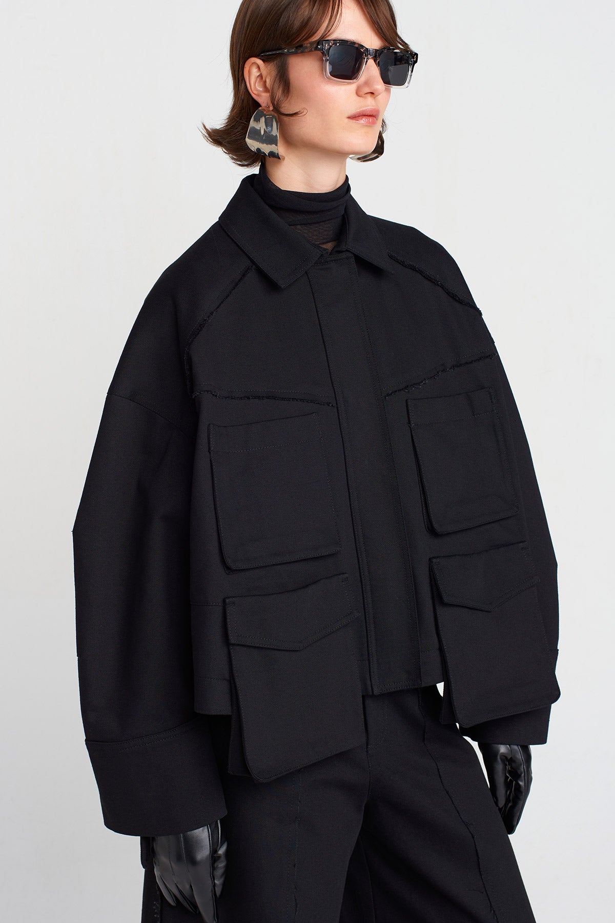 Black Oversized Denim Jacket with Large Pockets-K255015025