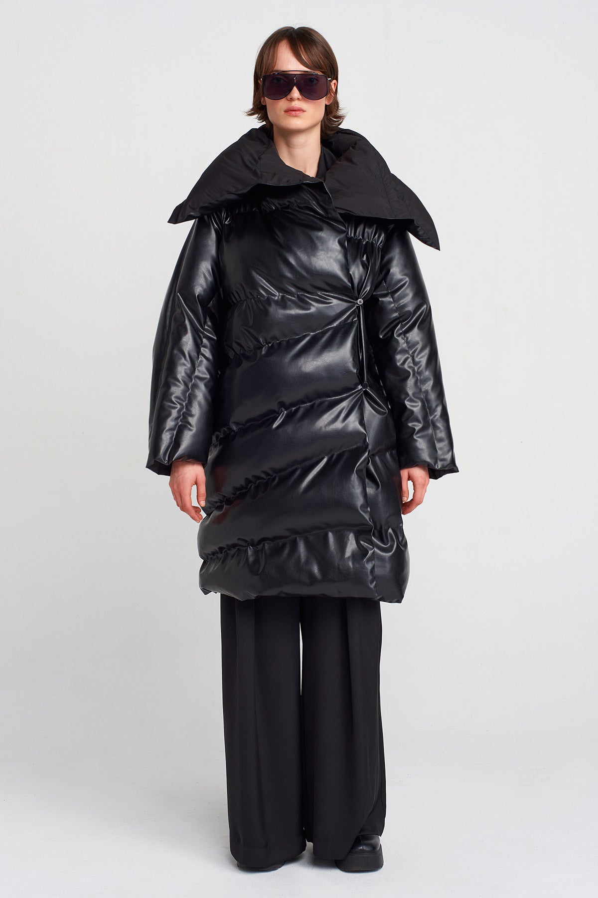 Black Vegan Leather Puffer Coat-K255015027