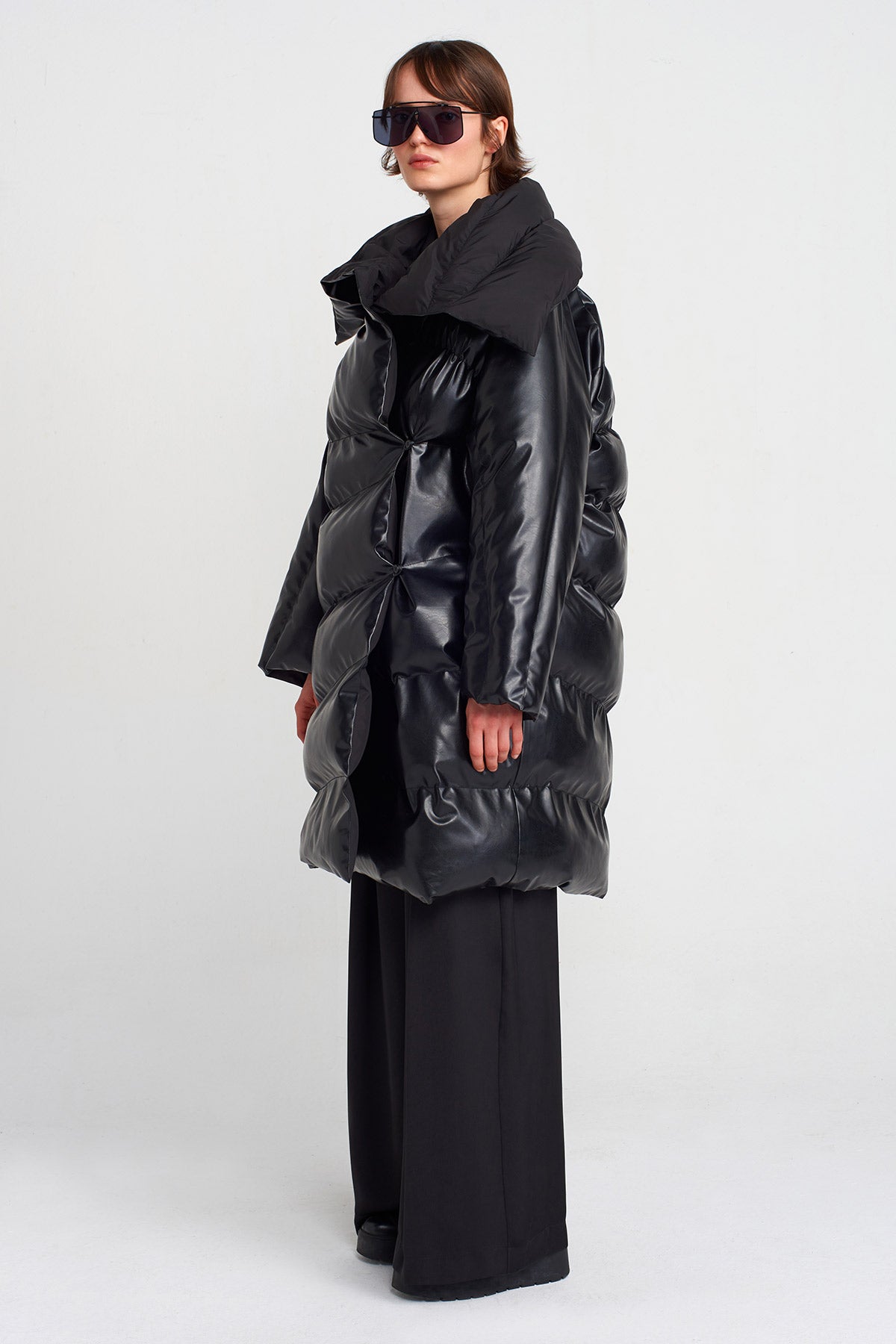 Black Vegan Leather Puffer Coat-K255015027