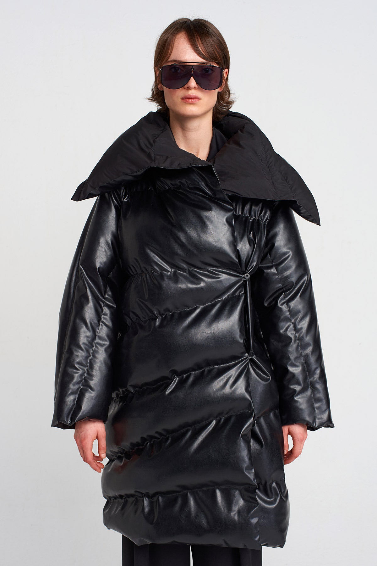 Black Vegan Leather Puffer Coat-K255015027
