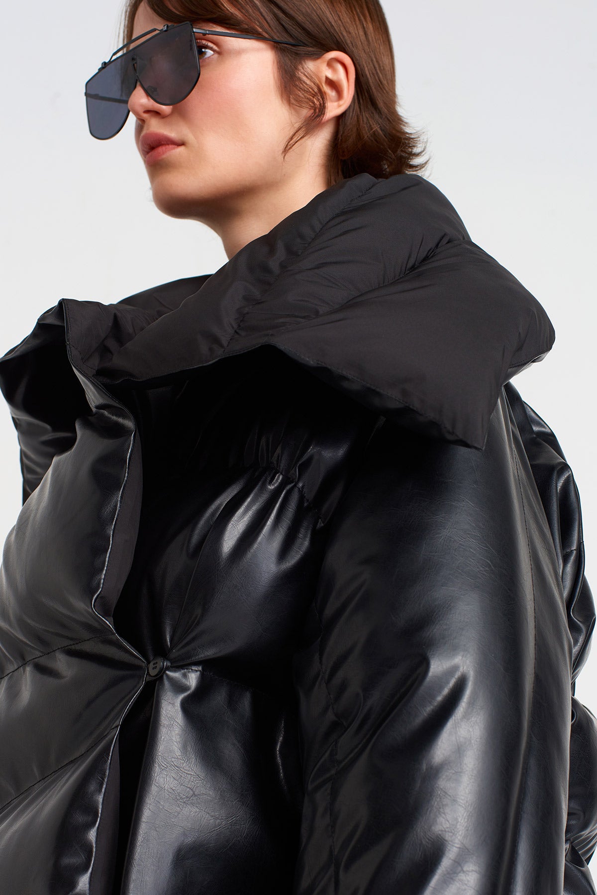 Black Vegan Leather Puffer Coat-K255015027
