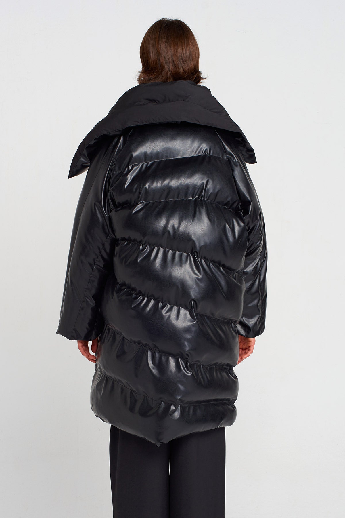 Black Vegan Leather Puffer Coat-K255015027