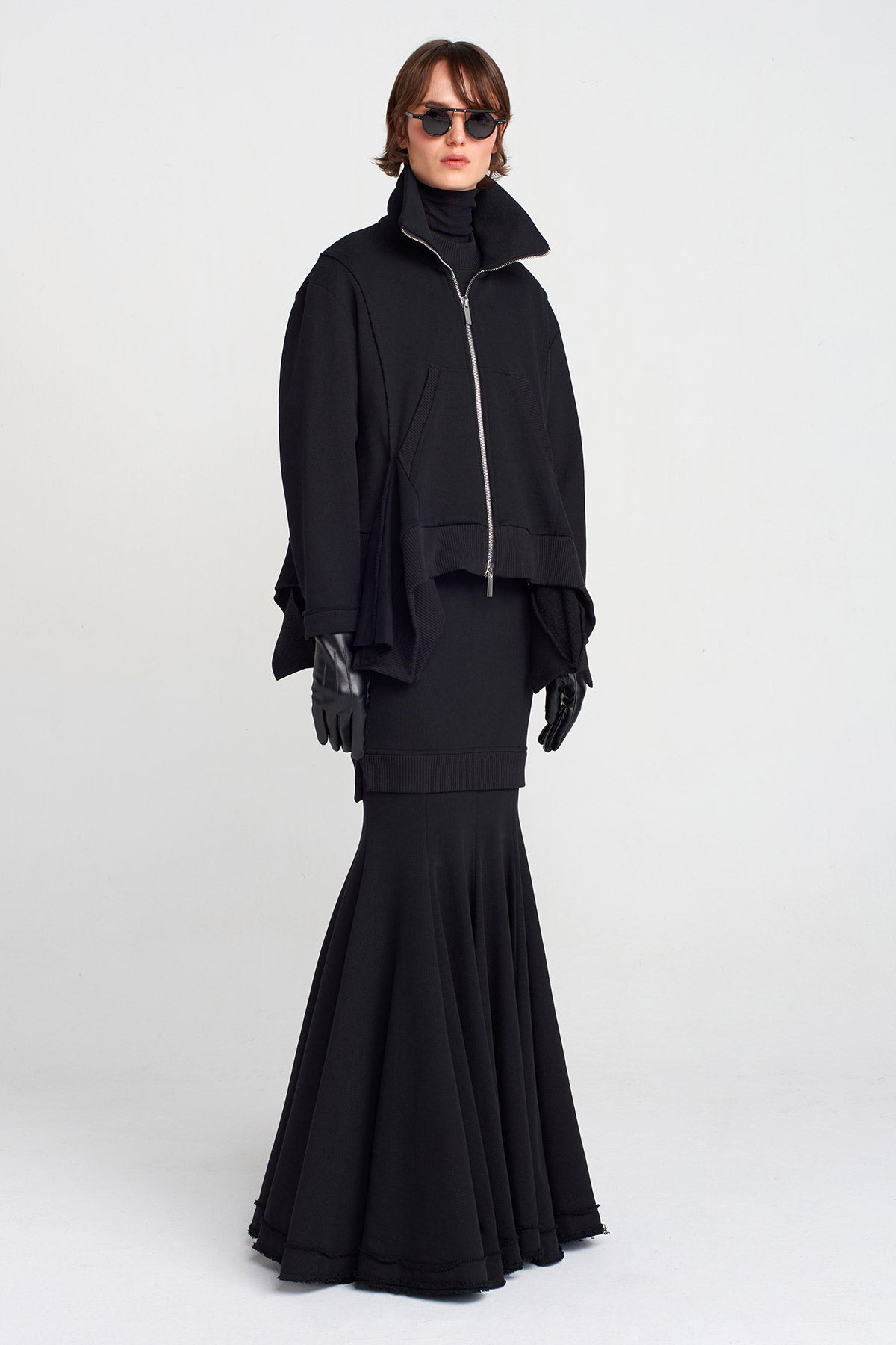 Black Zip-Detail Asymmetric Cardigan-K255015028