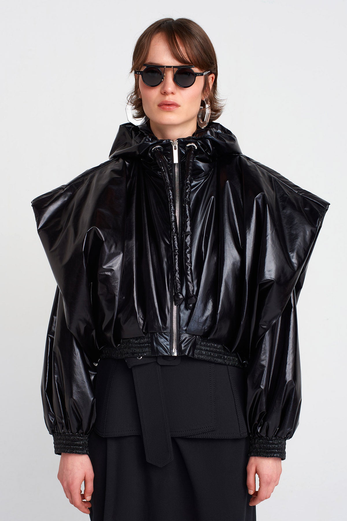 Black Glossy Vinyl Bomber Jacket-K255015029
