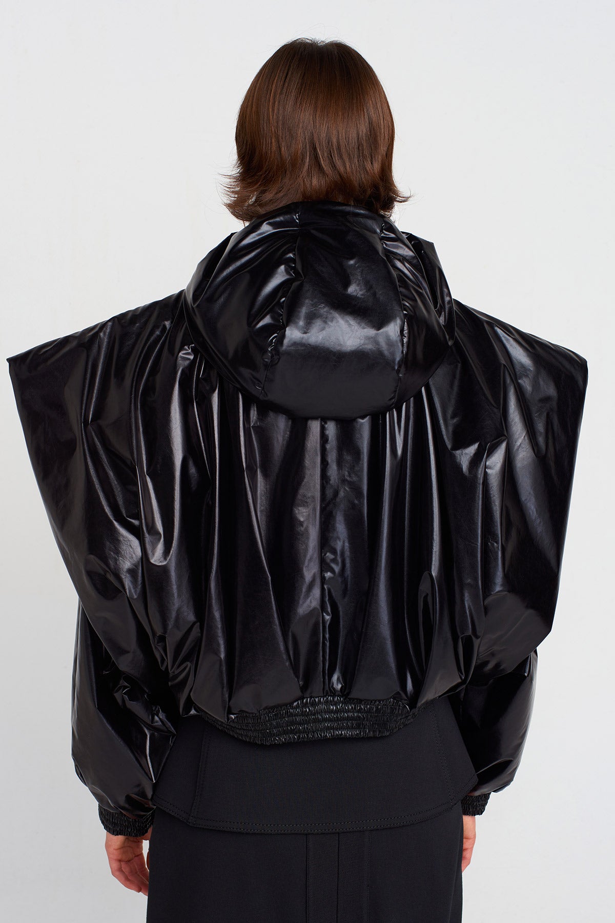 Black Glossy Vinyl Bomber Jacket-K255015029