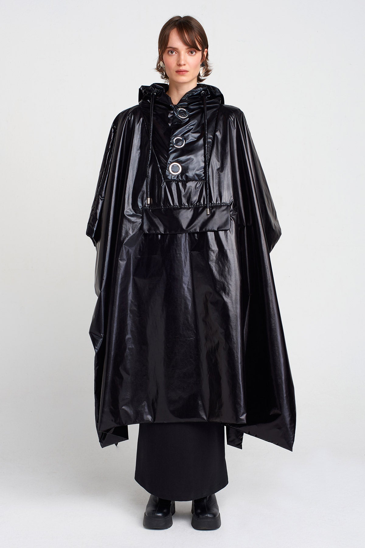 Black Shiny Oversized Long Raincoat-K255015032