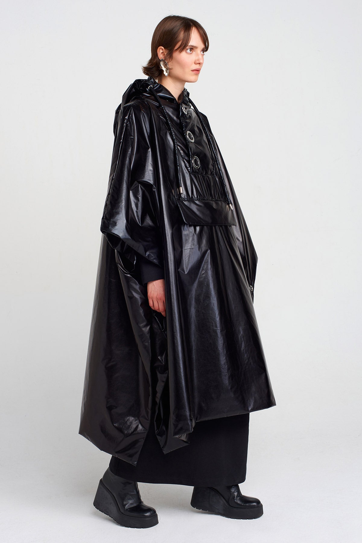 Black Shiny Oversized Long Raincoat-K255015032