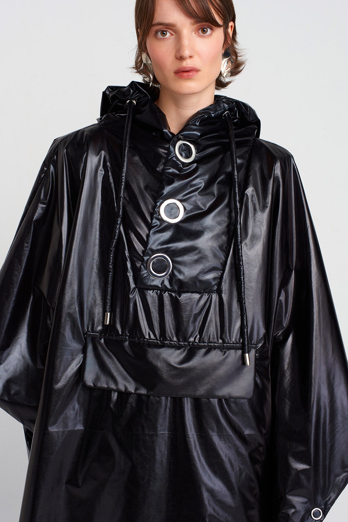 Black Shiny Oversized Long Raincoat-K255015032