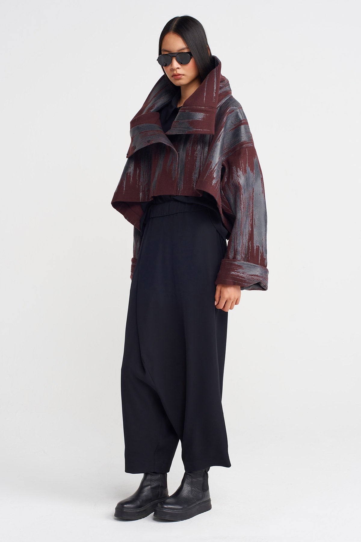 Dark Purple Printed Jacket with Large Collar-K255015036