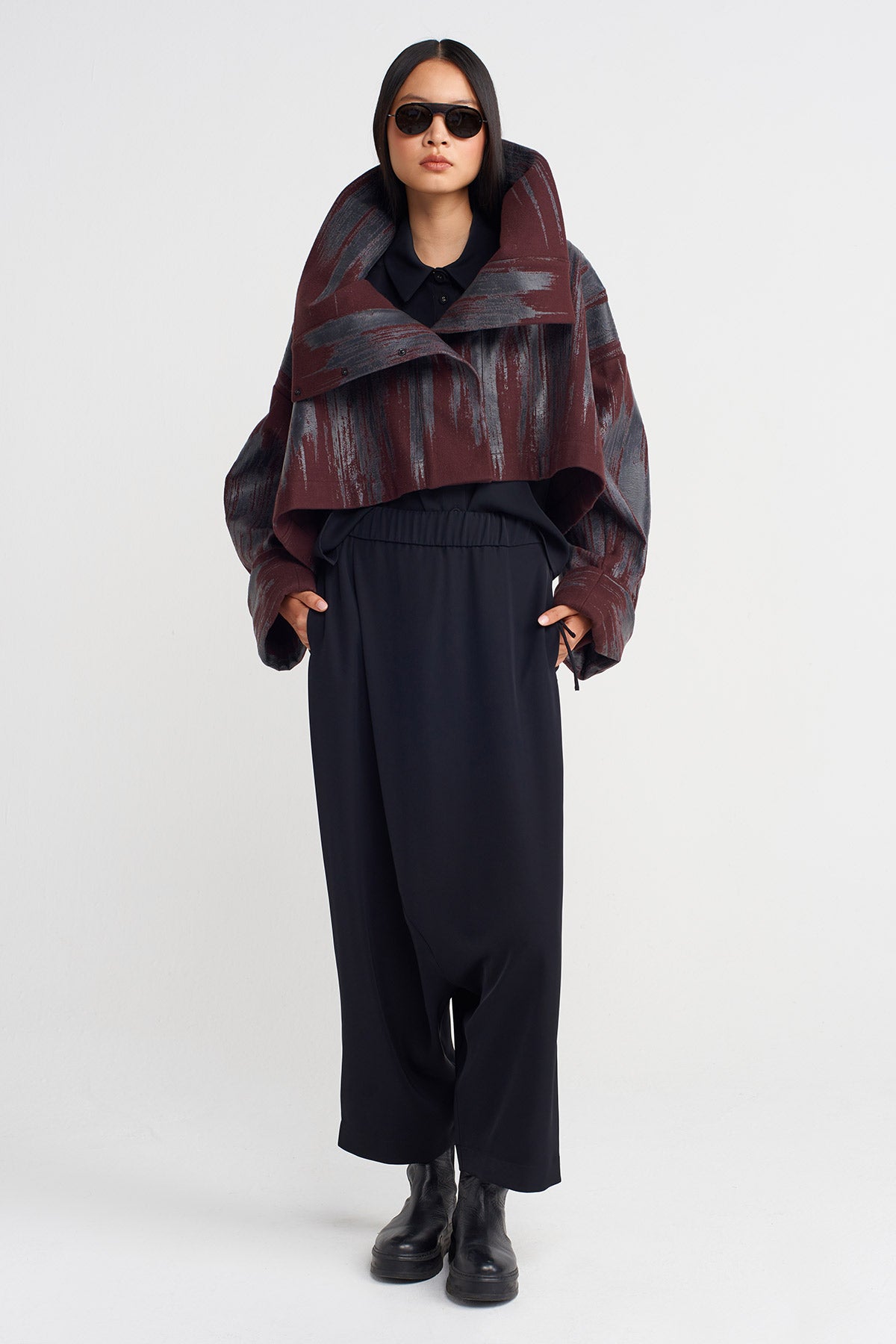 Dark Purple Printed Jacket with Large Collar-K255015036