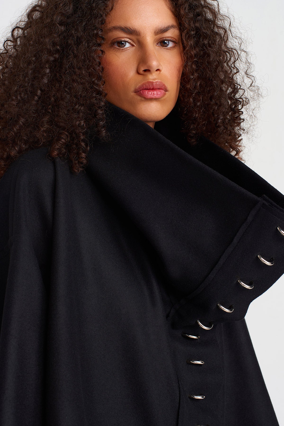 Black Oversized Dropped Collar Metal Snap Button Jacket-K255015042